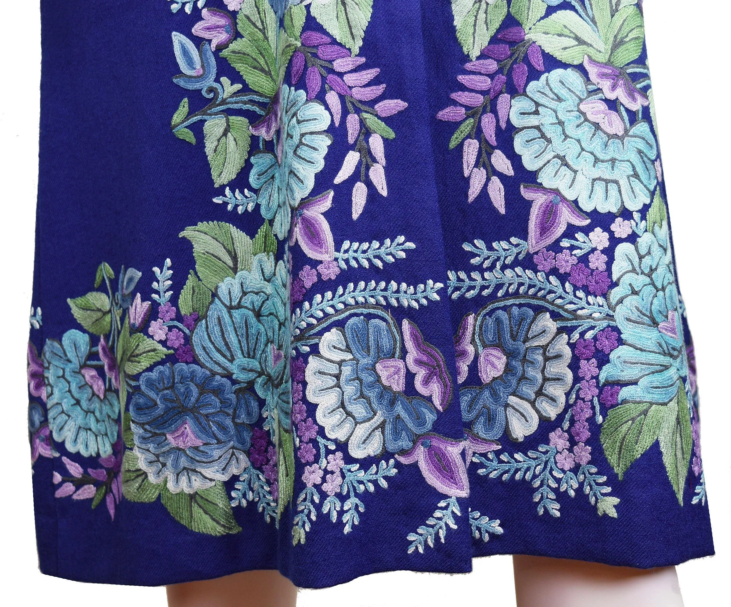 Juno Floral Cashmere Jacket Dinner Navy Blue Evening Dress Coat Hand Embroidered Kashmir