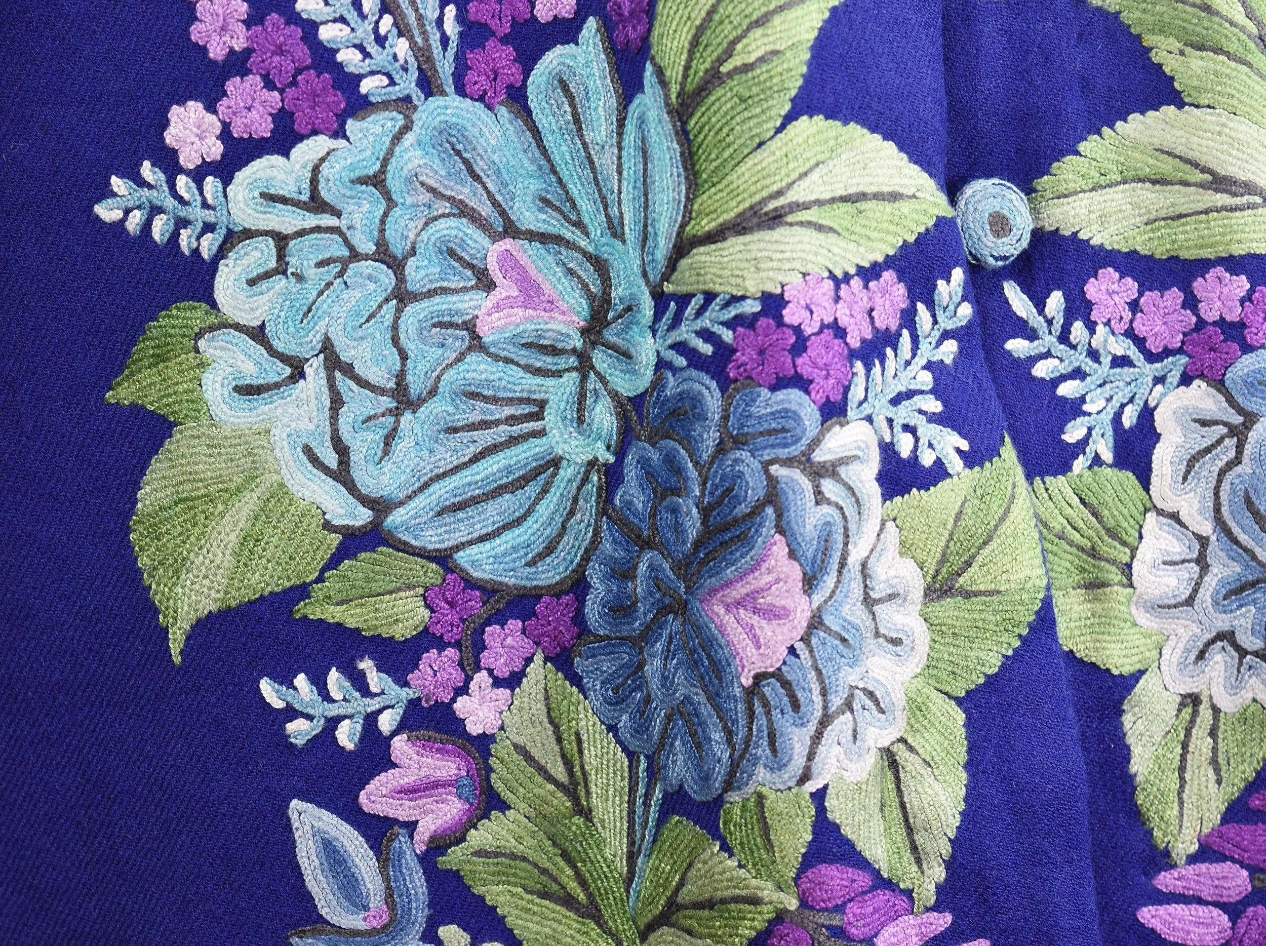 Juno Floral Cashmere Jacket Dinner Navy Blue Evening Dress Coat Hand Embroidered Kashmir