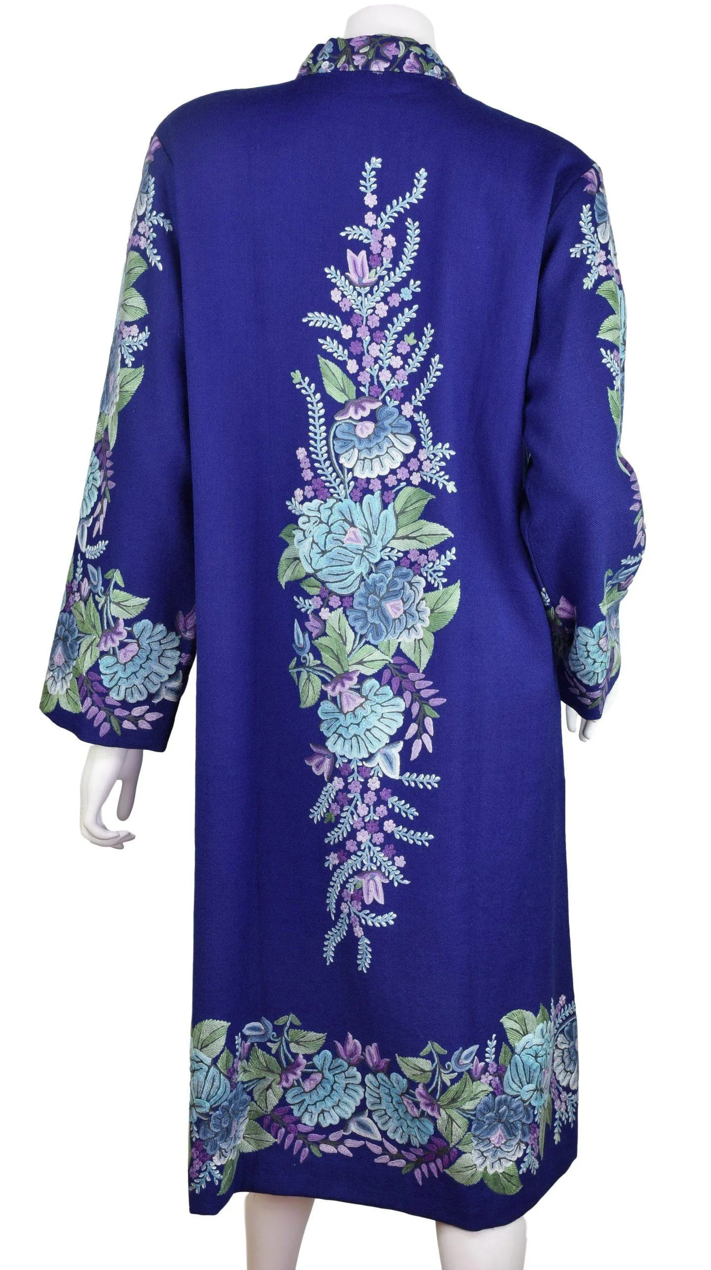 Juno Floral Cashmere Jacket Dinner Navy Blue Evening Dress Coat Hand Embroidered Kashmir