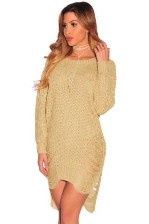 Khaki Ripped Knit Long Sleeves Sweater