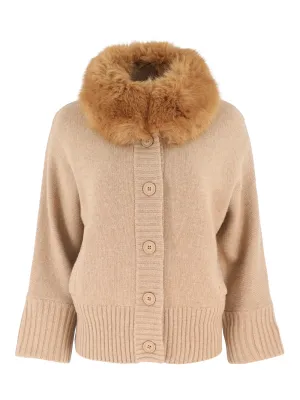 Kinross Faux Fur Trim Button Cardigan in Camel