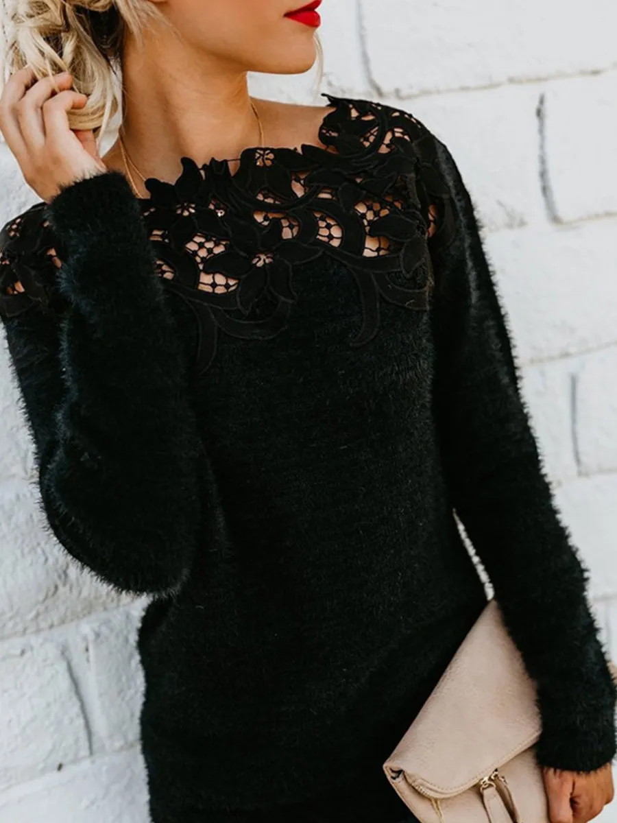Ladies' Long Sleeve Sweater with Lace Detail in Solid Color