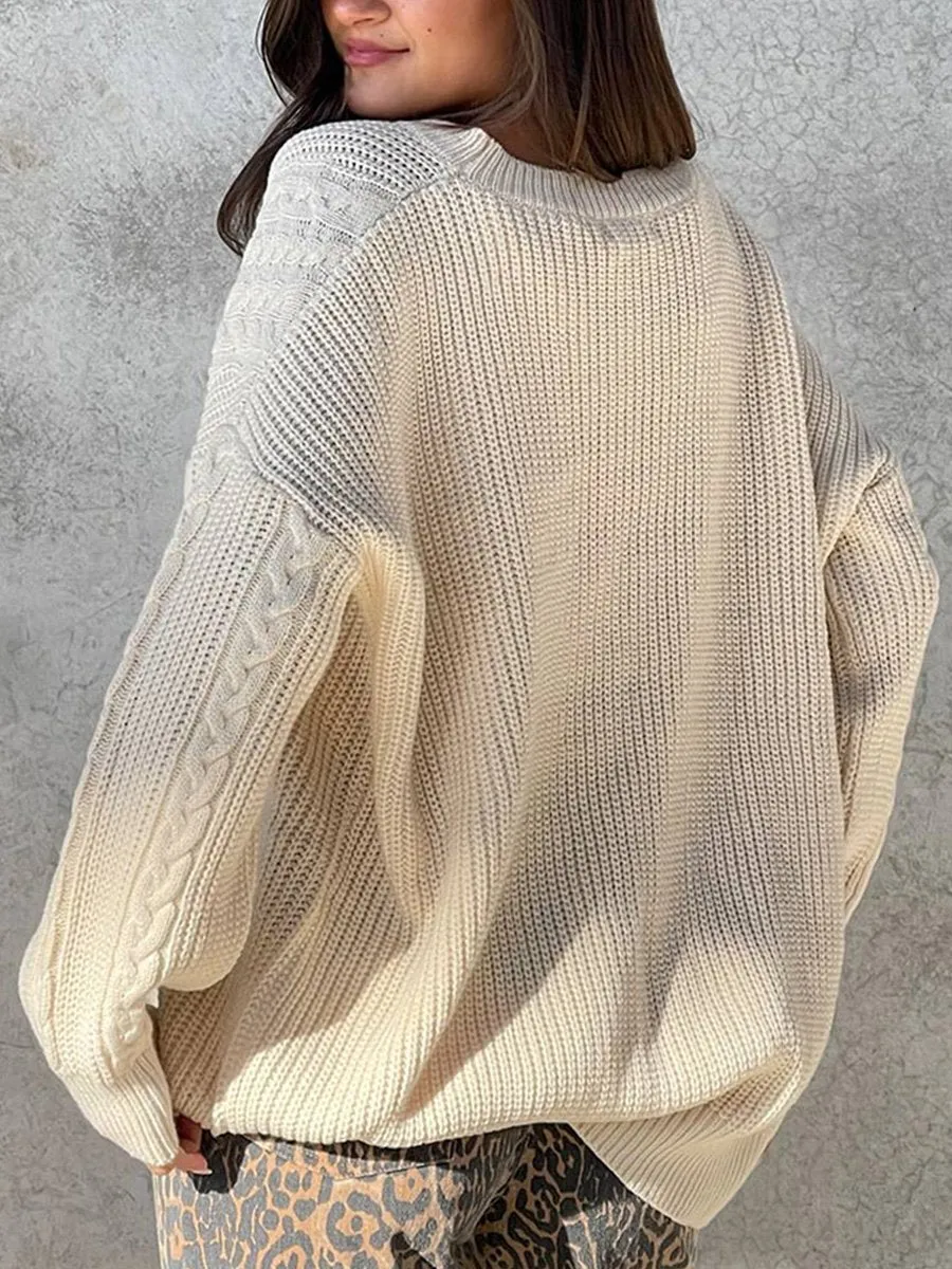 Loose-Fit Twisted Rope Pullover Sweater with Round Neck and Long Sleeves