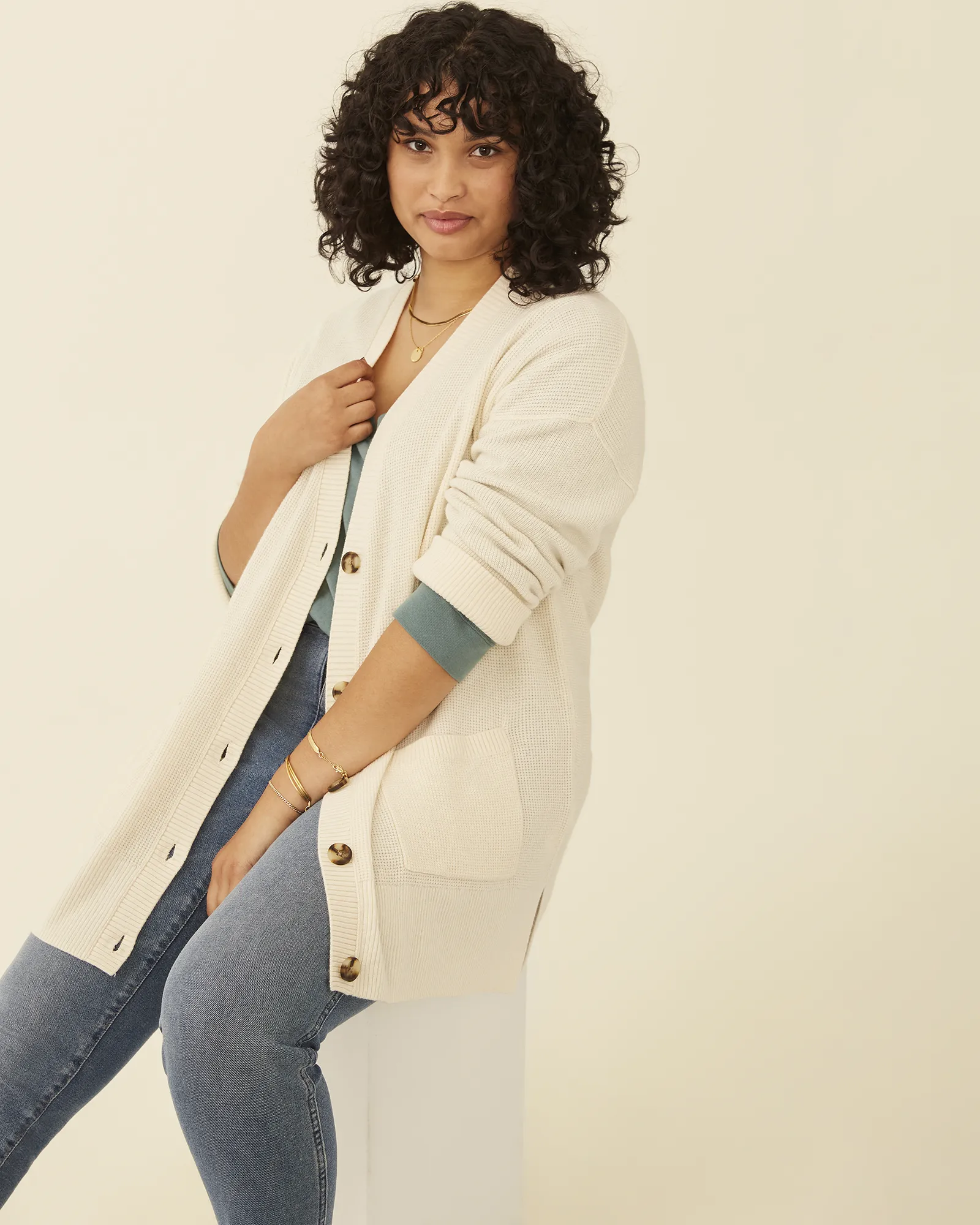 Mauricio Waffle Knit Cardigan | Ivory