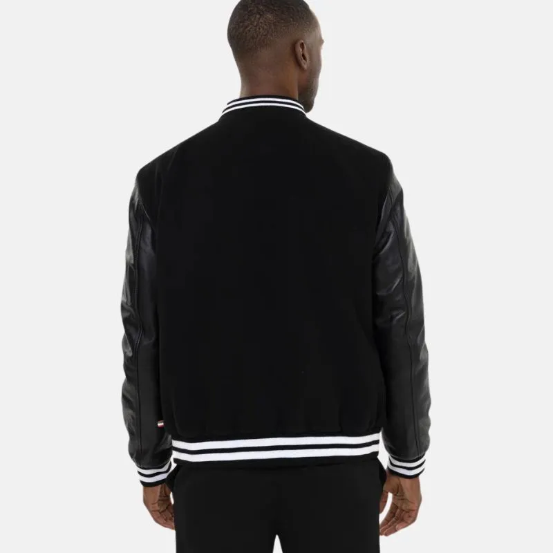 Men's Black Letterman Bomber Jacket With Leather Sleeves