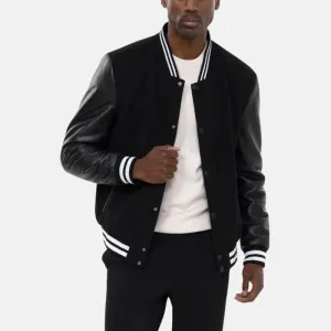 Men's Black Letterman Bomber Jacket With Leather Sleeves