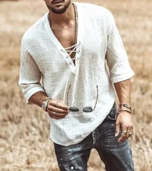 Mens Casual Shirt  Lace-Up V-Neck  3/4 Sleeve  Relaxed Fit  Lightweight Breathable