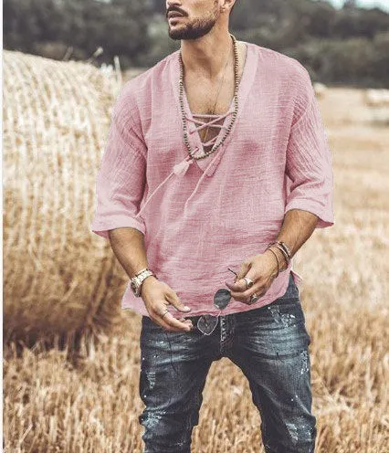 Mens Casual Shirt  Lace-Up V-Neck  3/4 Sleeve  Relaxed Fit  Lightweight Breathable