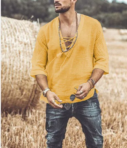 Mens Casual Shirt  Lace-Up V-Neck  3/4 Sleeve  Relaxed Fit  Lightweight Breathable