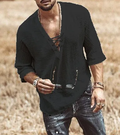 Mens Casual Shirt  Lace-Up V-Neck  3/4 Sleeve  Relaxed Fit  Lightweight Breathable