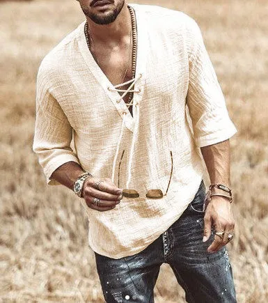 Mens Casual Shirt  Lace-Up V-Neck  3/4 Sleeve  Relaxed Fit  Lightweight Breathable