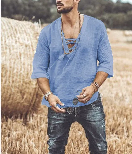 Mens Casual Shirt  Lace-Up V-Neck  3/4 Sleeve  Relaxed Fit  Lightweight Breathable