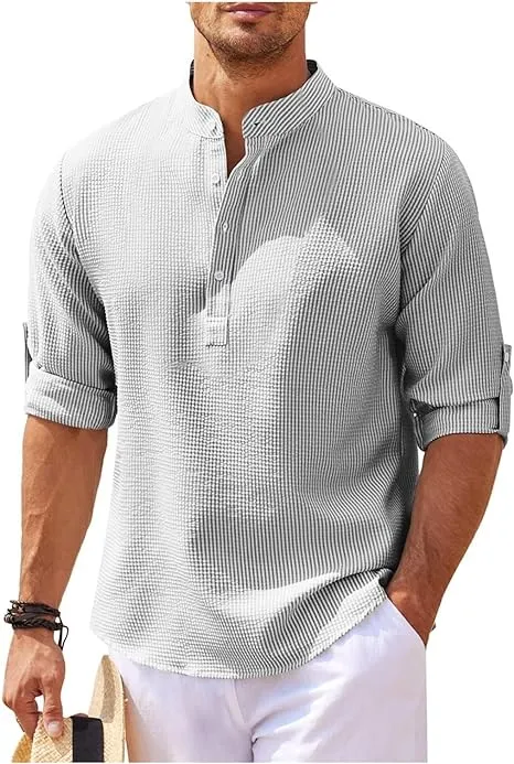 Mens Casual Shirt  Relaxed Fit  Band Collar  Lightweight Cotton  Rolled Sleeves
