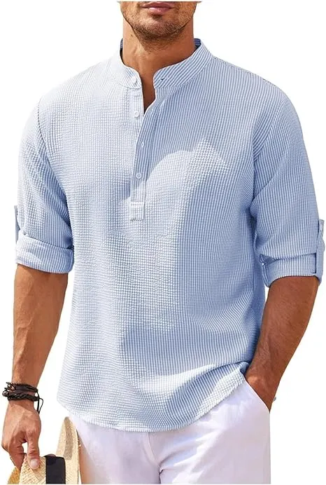 Mens Casual Shirt  Relaxed Fit  Band Collar  Lightweight Cotton  Rolled Sleeves