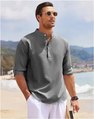 Mens Casual Shirt  Relaxed Fit  Band Collar  Lightweight Cotton  Rolled Sleeves
