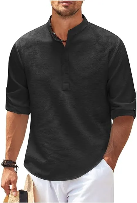 Mens Casual Shirt  Relaxed Fit  Band Collar  Lightweight Cotton  Rolled Sleeves