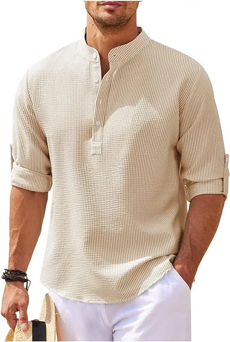 Mens Casual Shirt  Relaxed Fit  Band Collar  Lightweight Cotton  Rolled Sleeves