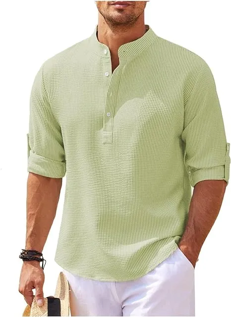 Mens Casual Shirt  Relaxed Fit  Band Collar  Lightweight Cotton  Rolled Sleeves