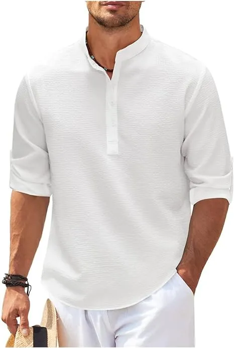 Mens Casual Shirt  Relaxed Fit  Band Collar  Lightweight Cotton  Rolled Sleeves