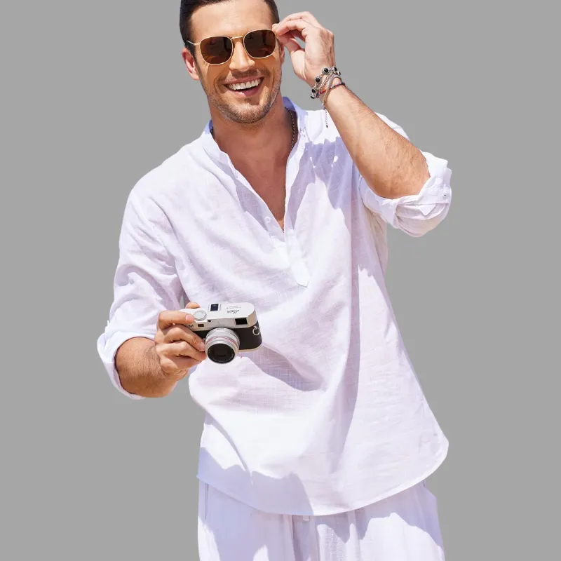 Mens Henley Shirt - Banded Collar - Long Sleeve Lightweight Relaxed Fit