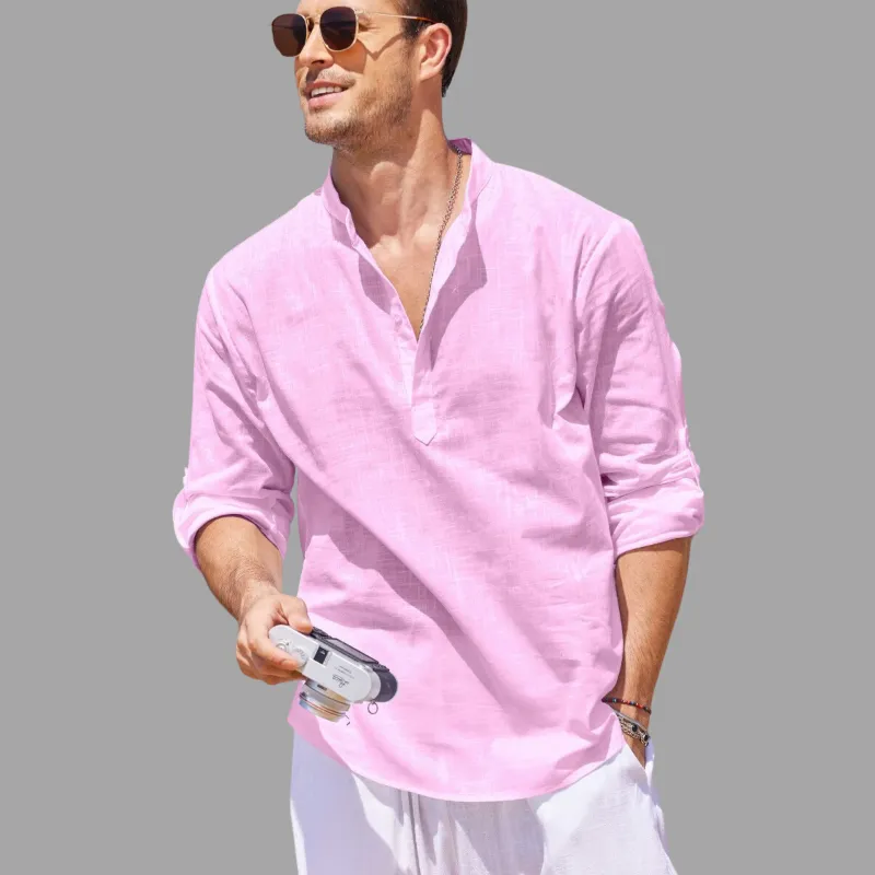 Mens Henley Shirt - Banded Collar - Long Sleeve Lightweight Relaxed Fit