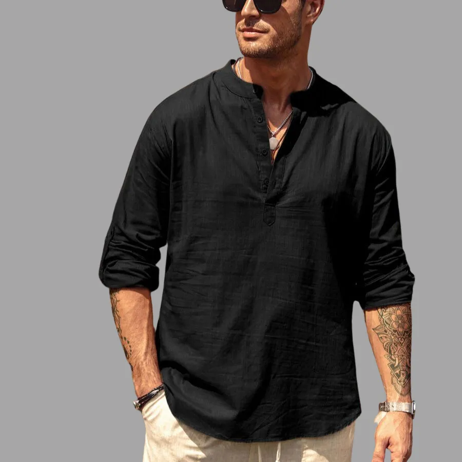 Mens Henley Shirt - Banded Collar - Long Sleeve Lightweight Relaxed Fit