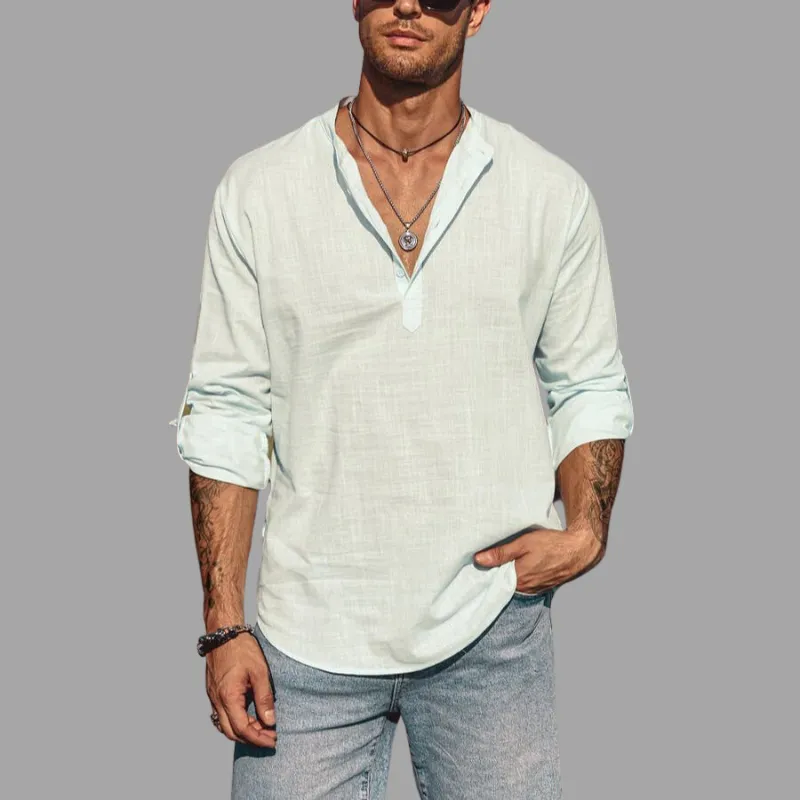 Mens Henley Shirt - Banded Collar - Long Sleeve Lightweight Relaxed Fit