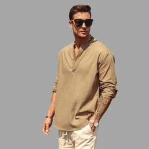 Mens Henley Shirt - Banded Collar - Long Sleeve Lightweight Relaxed Fit