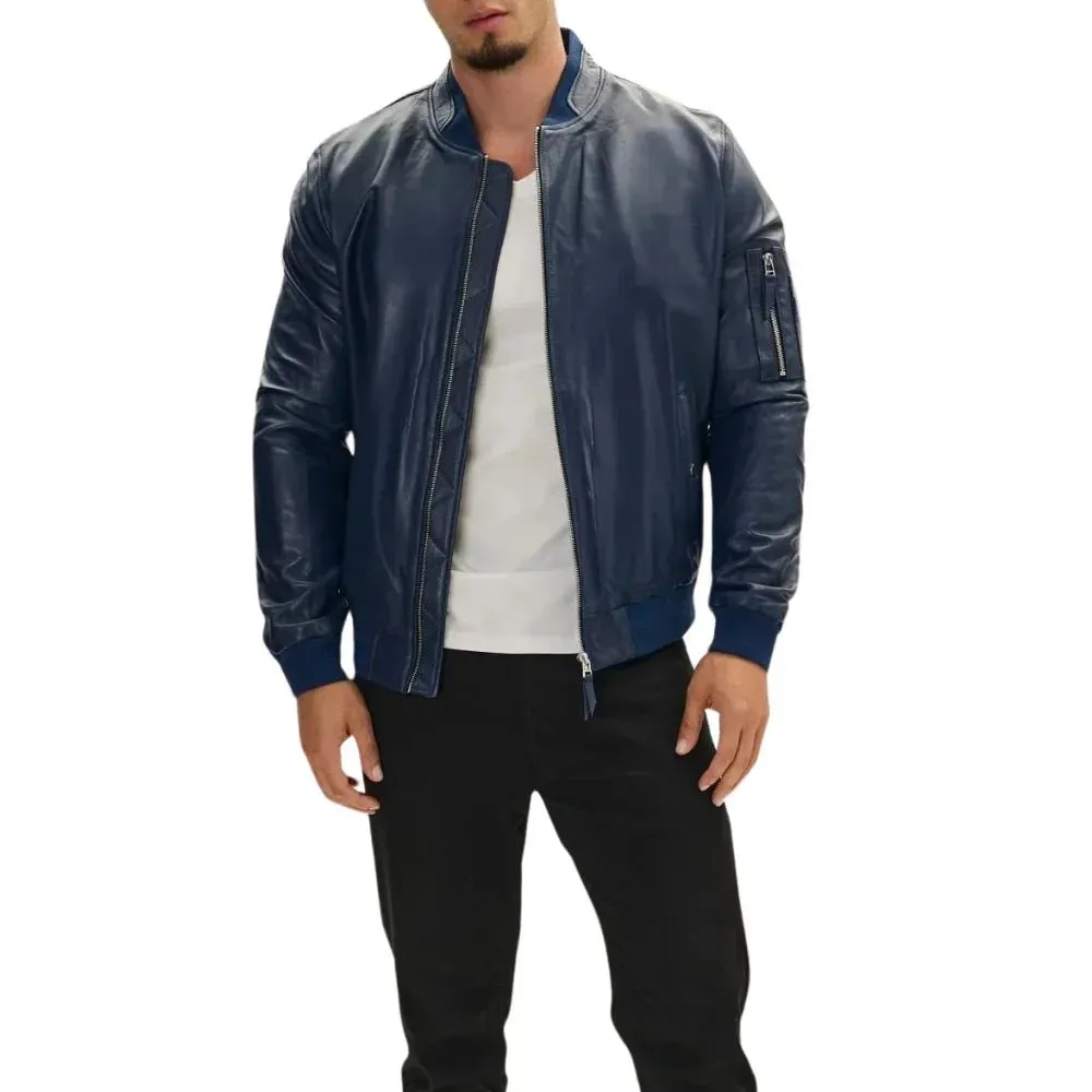 Men's Navy Blue Real Leather Bomber Jacket