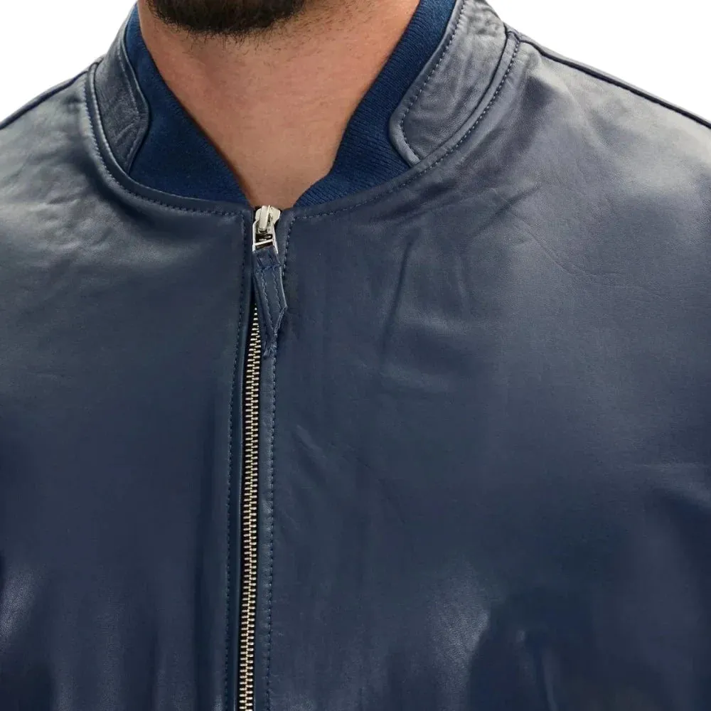 Men's Navy Blue Real Leather Bomber Jacket