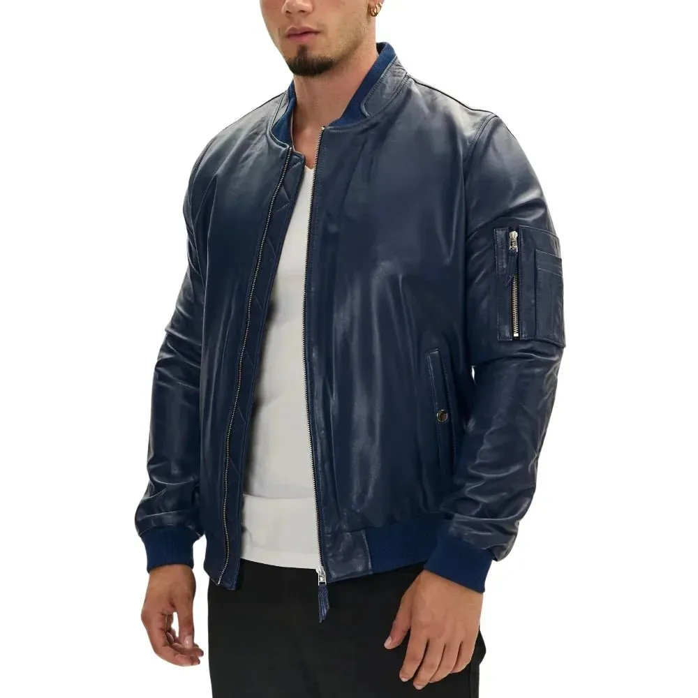 Men's Navy Blue Real Leather Bomber Jacket