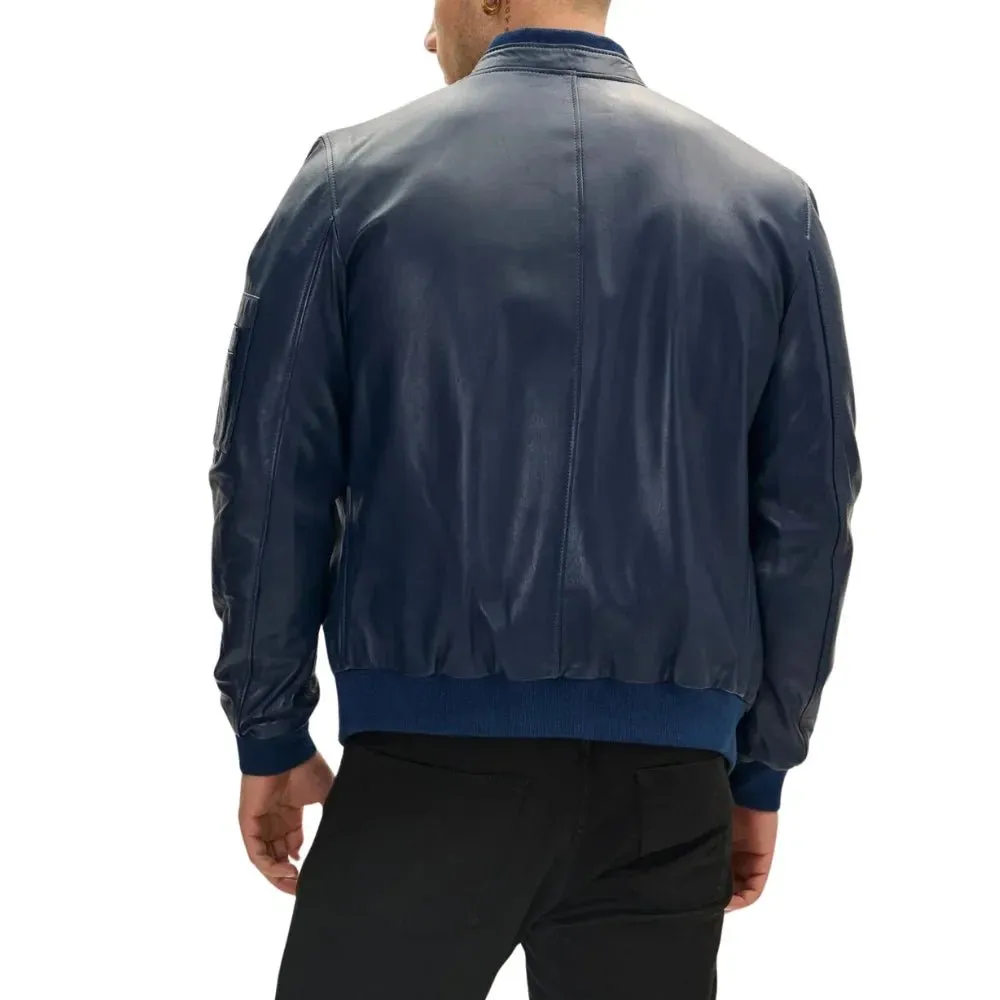 Men's Navy Blue Real Leather Bomber Jacket