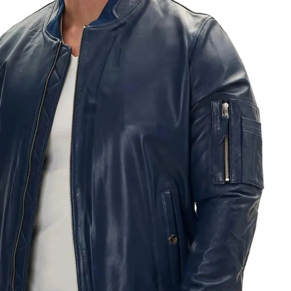 Men's Navy Blue Real Leather Bomber Jacket