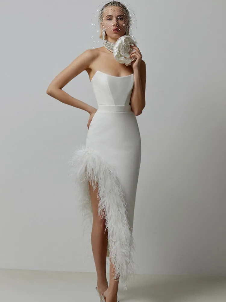 New Women Sexy Strapless Black White Feather Midi Bandage Dress 2023 Split Knitted Elegant Evening Bodycon Party Dress