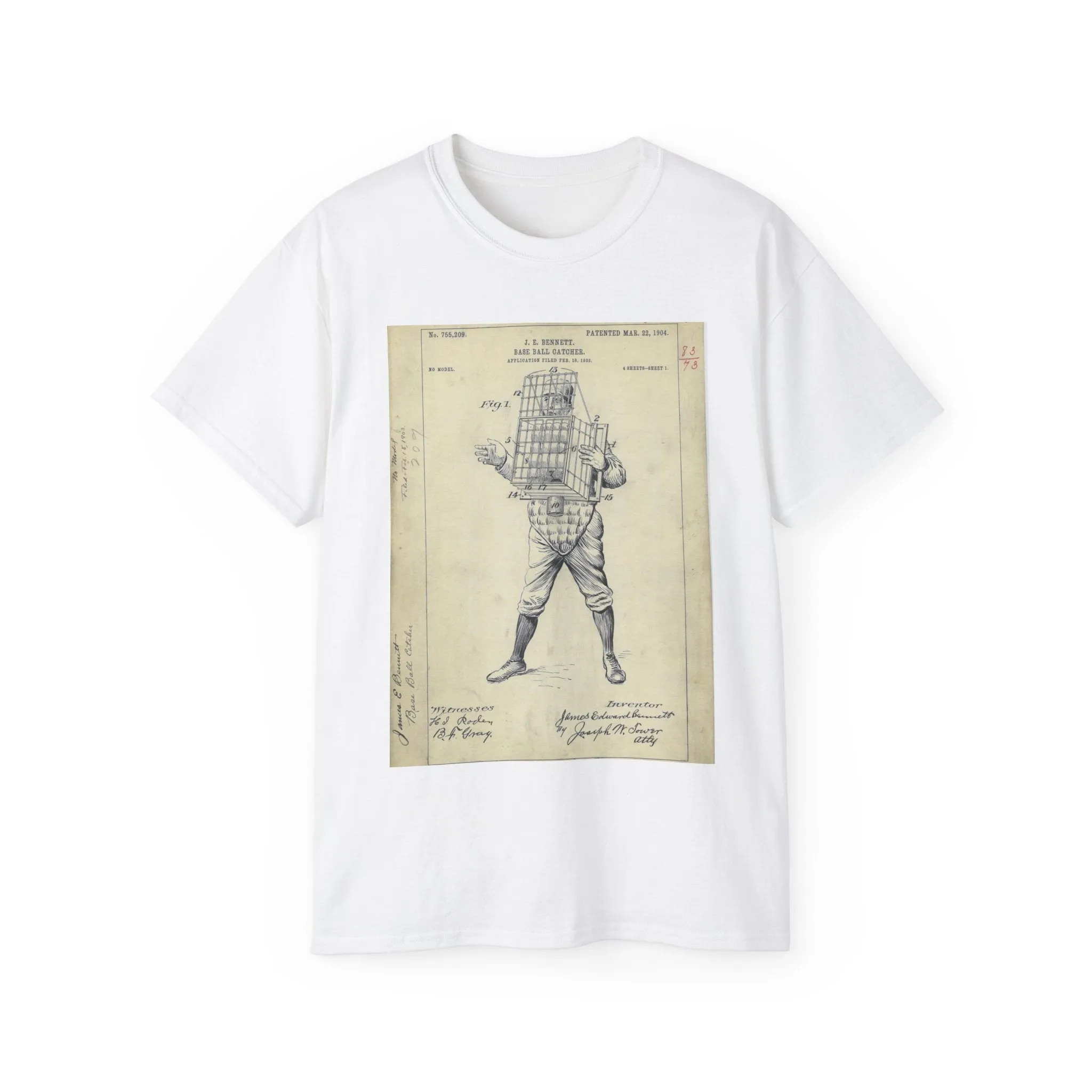 Patent drawing - Drawing of Equipment for a "Base Ball Catcher" Public domain  image White T-Shirt Gildan 2000 Cotton Unisex