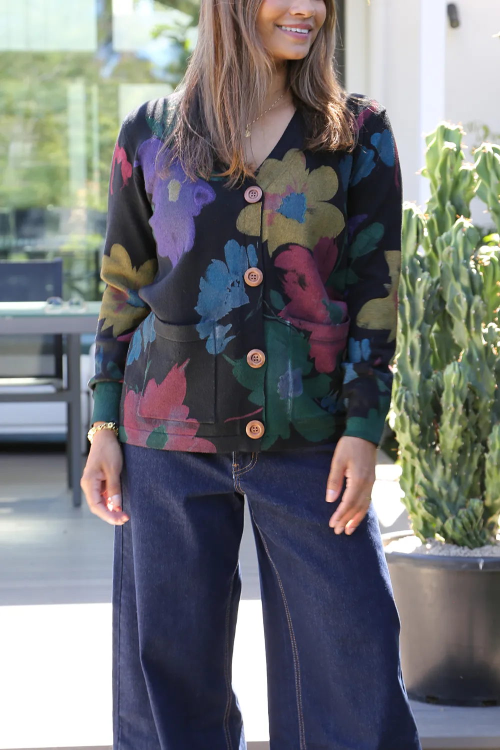 SANSA Black  Flower Printer Cardigan