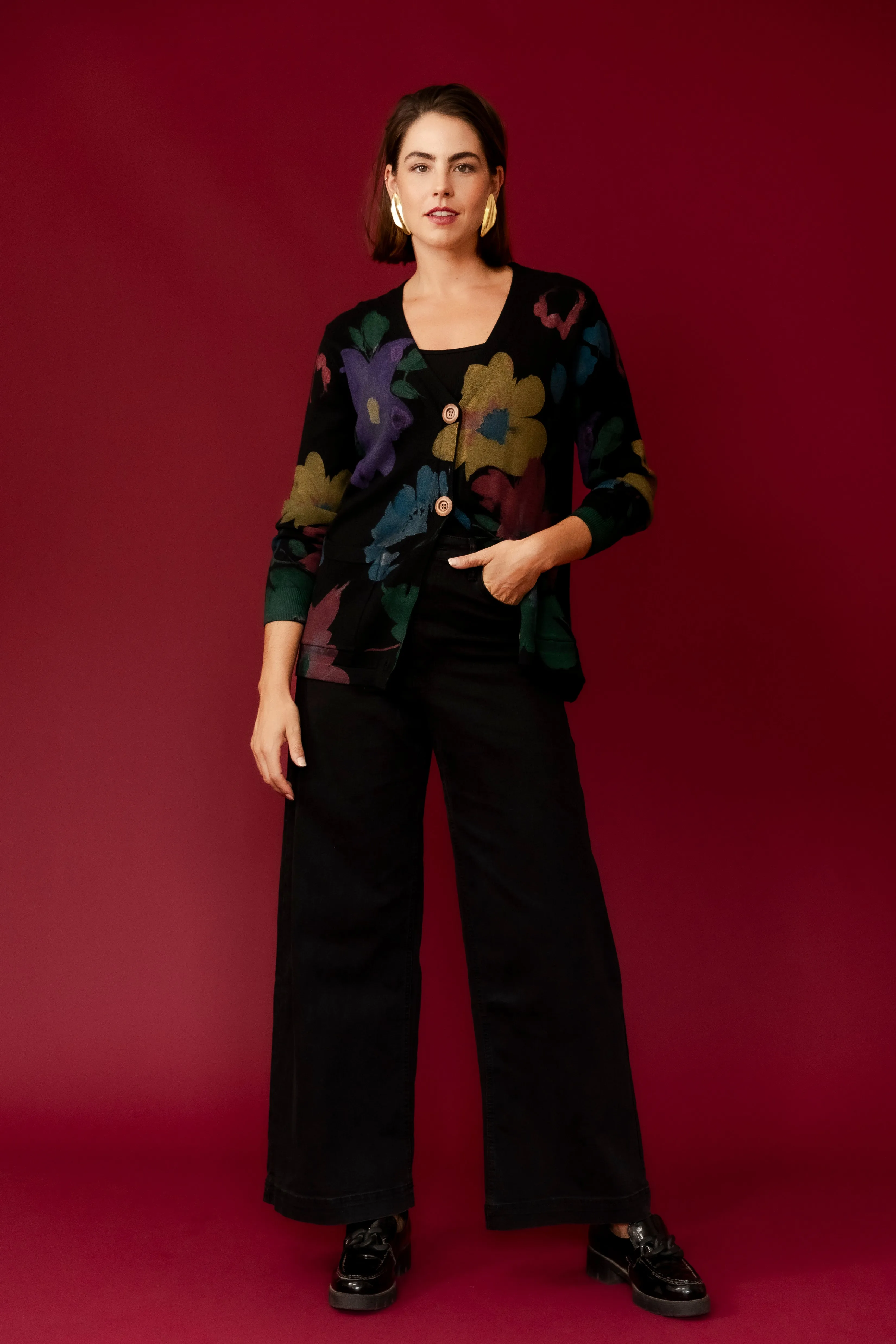 SANSA Black  Flower Printer Cardigan