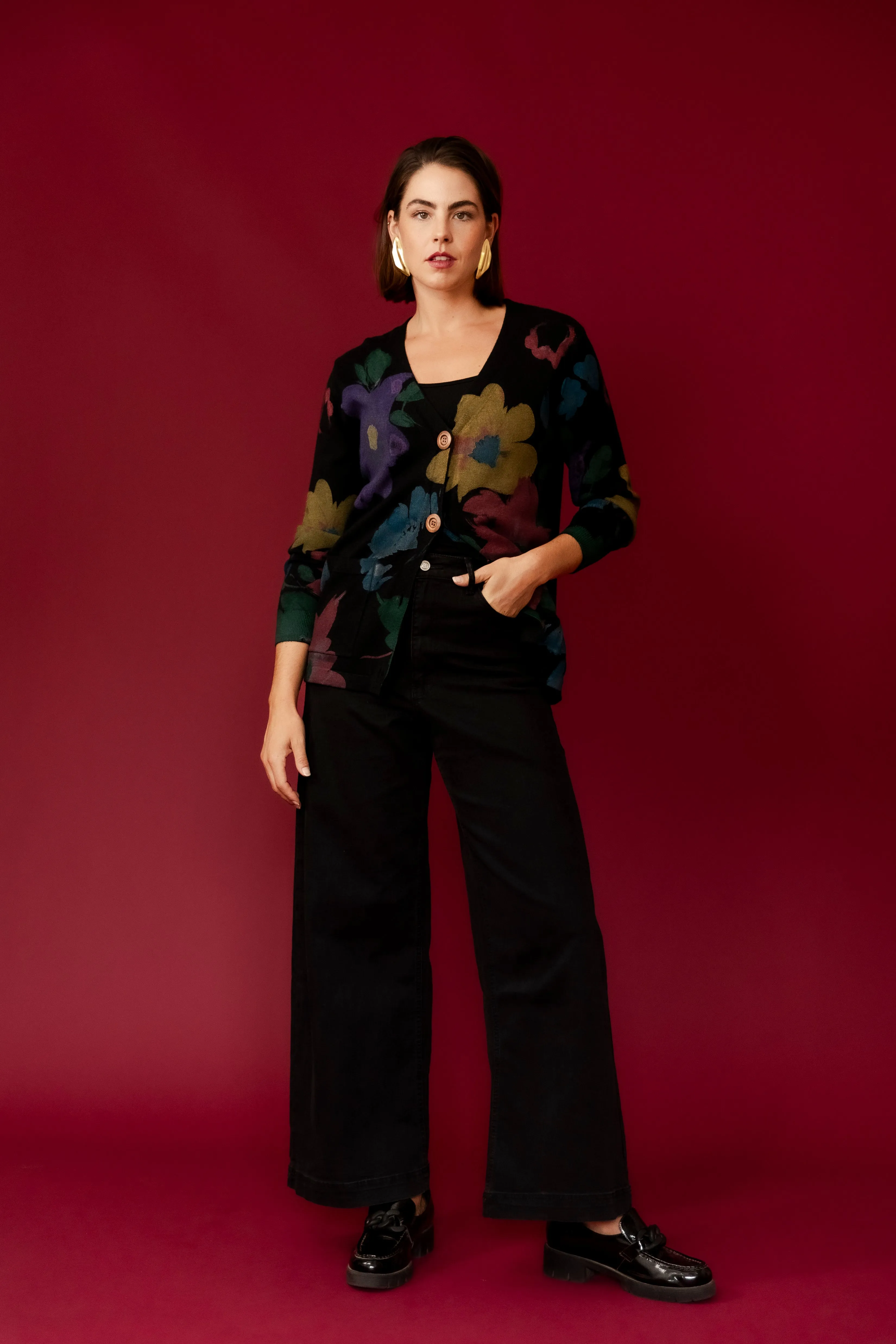SANSA Black  Flower Printer Cardigan