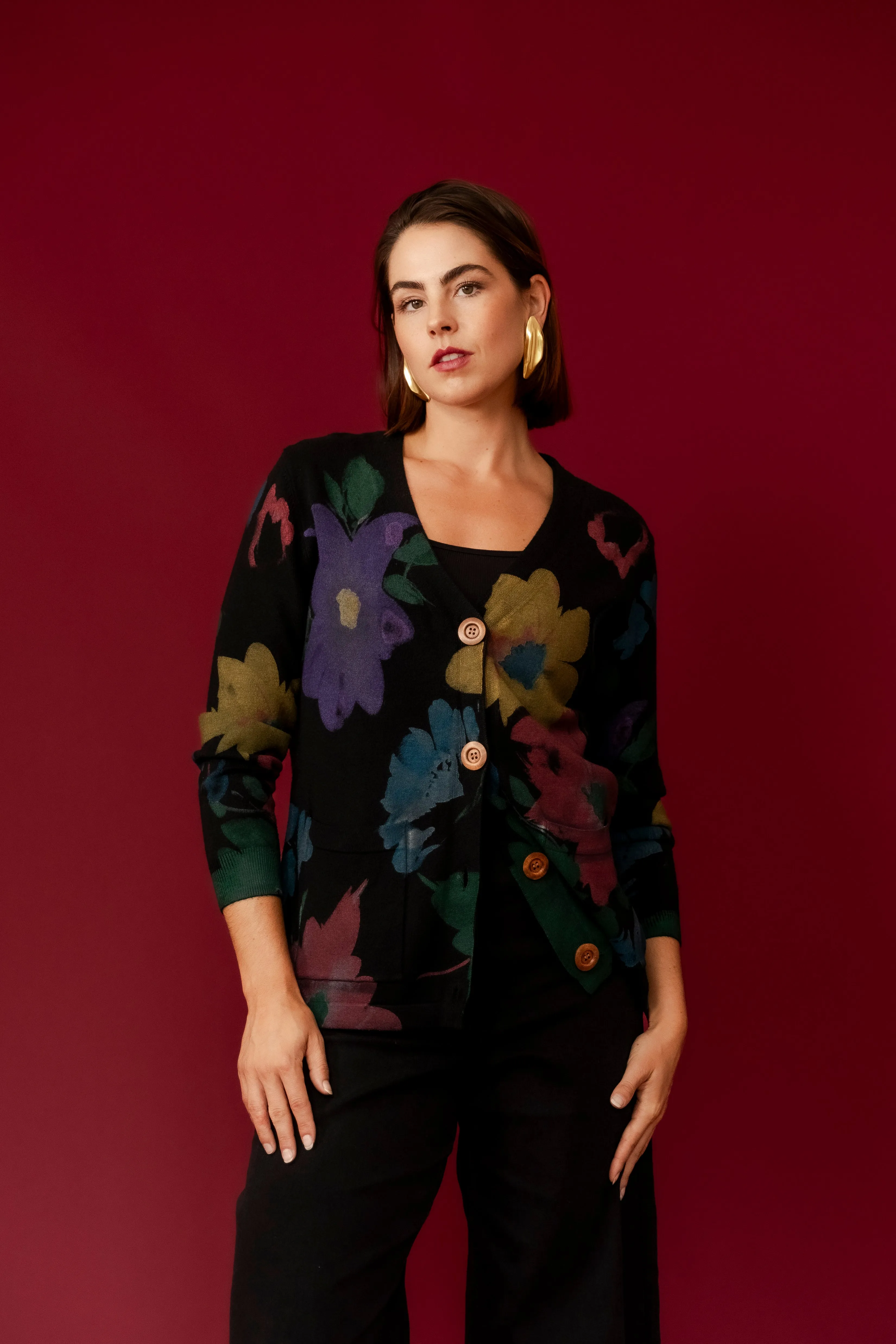 SANSA Black  Flower Printer Cardigan
