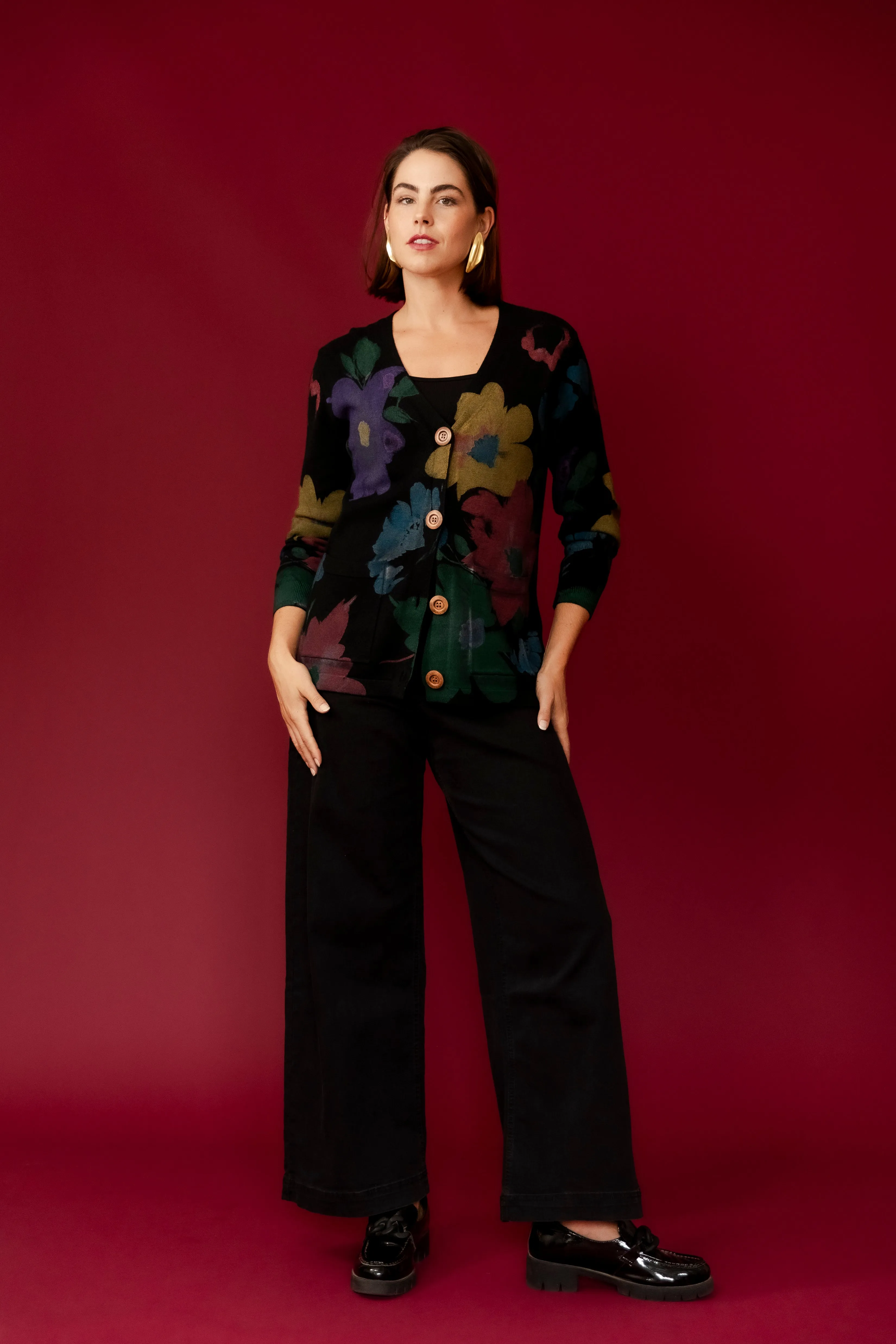 SANSA Black  Flower Printer Cardigan