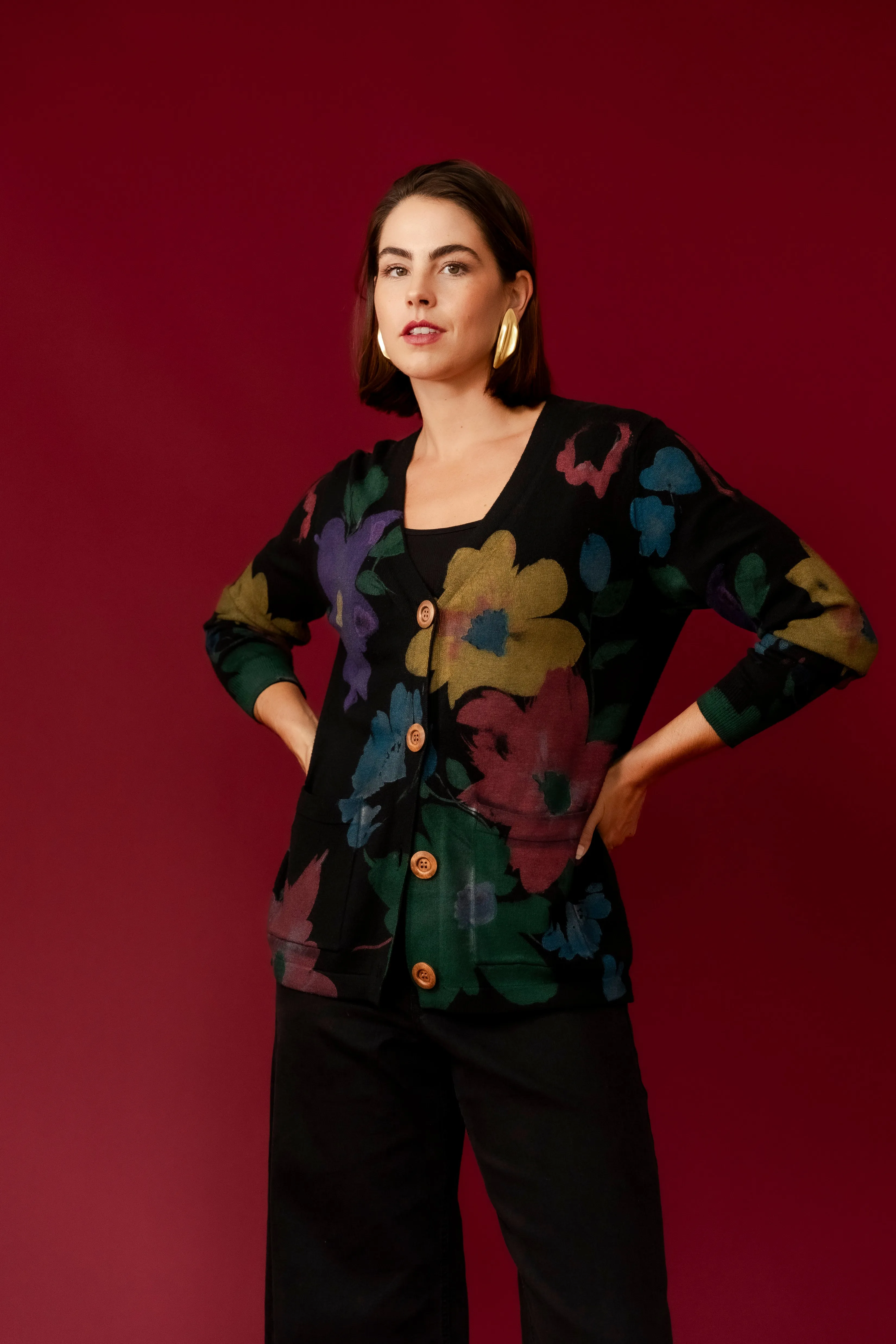 SANSA Black  Flower Printer Cardigan