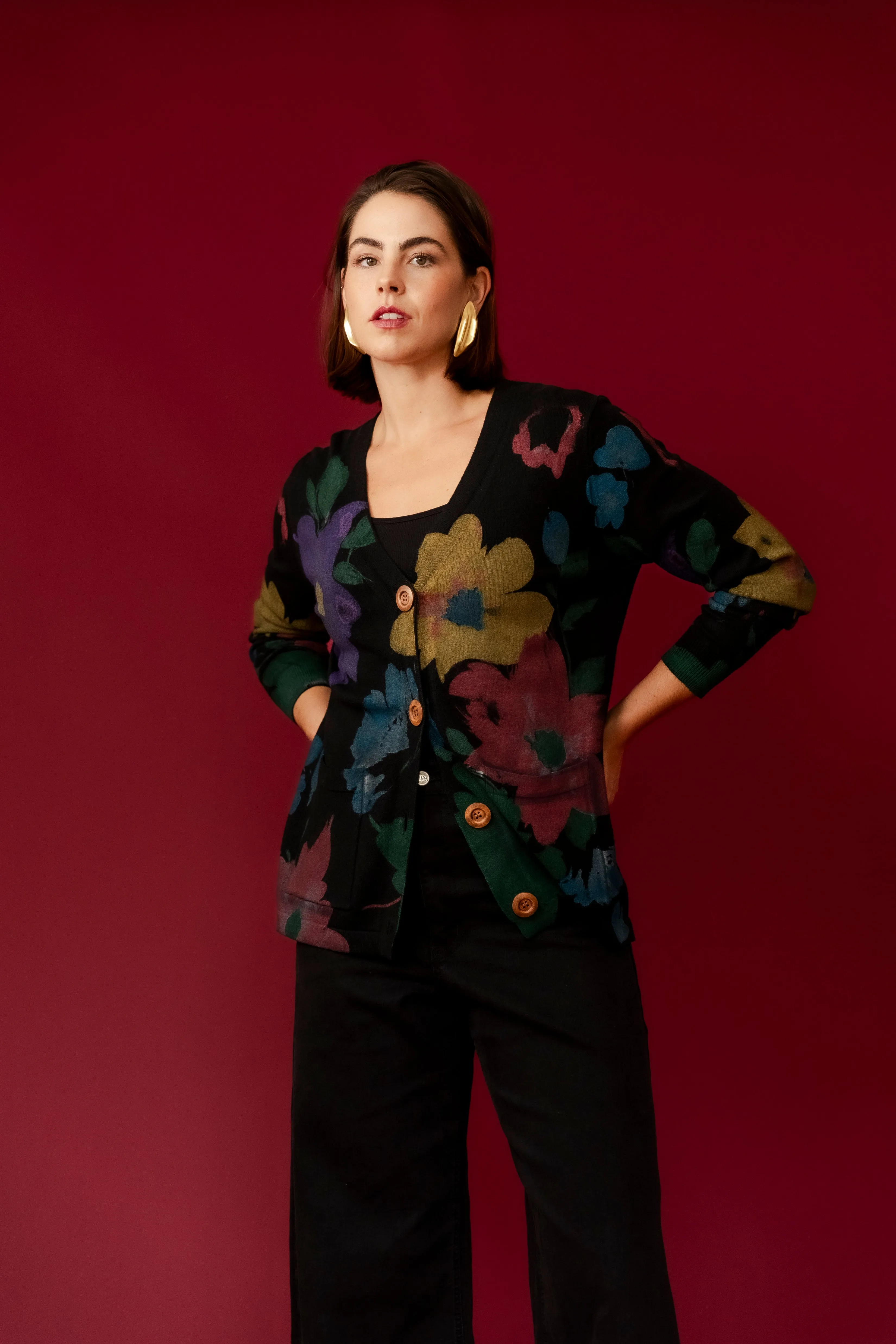 SANSA Black  Flower Printer Cardigan