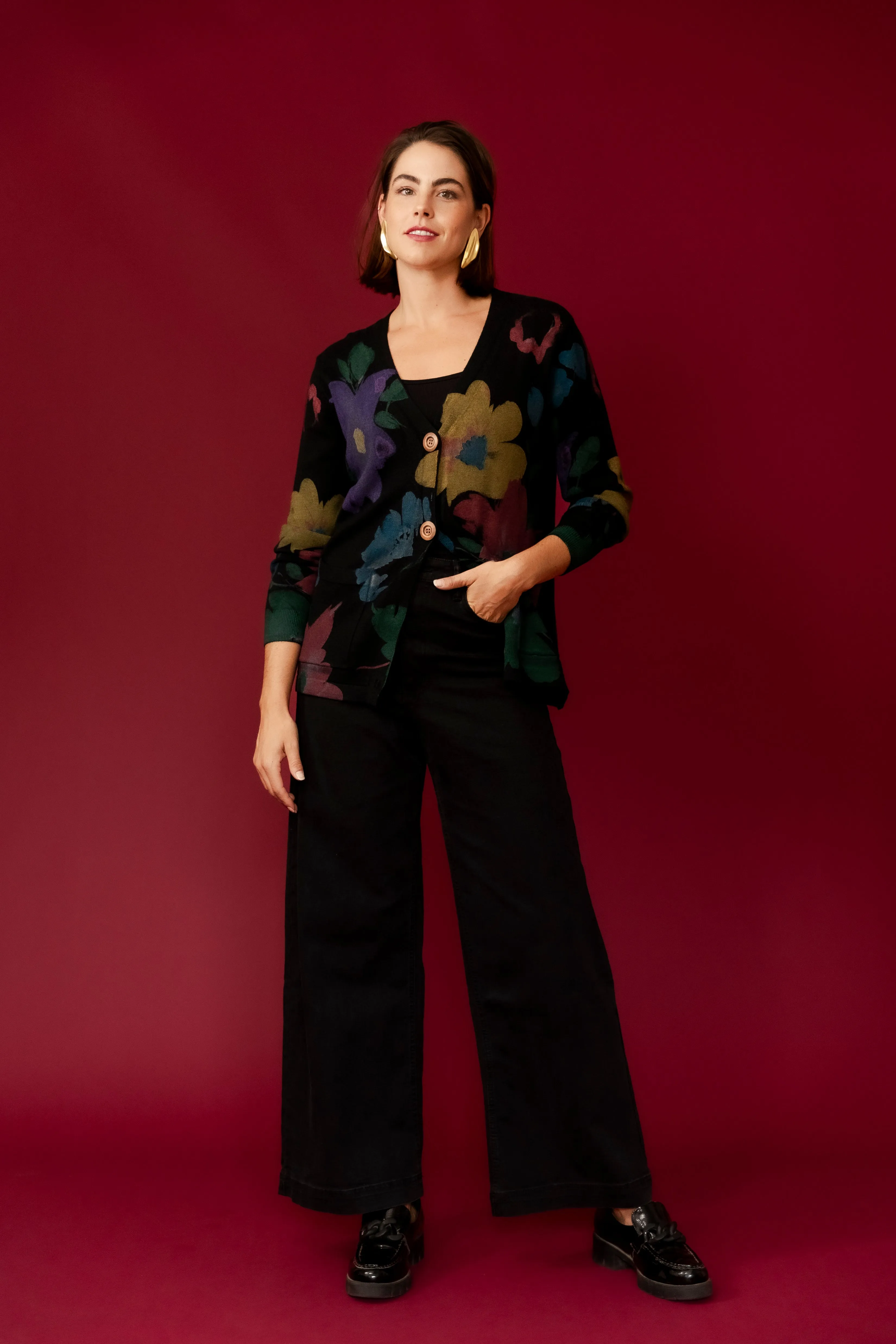 SANSA Black  Flower Printer Cardigan