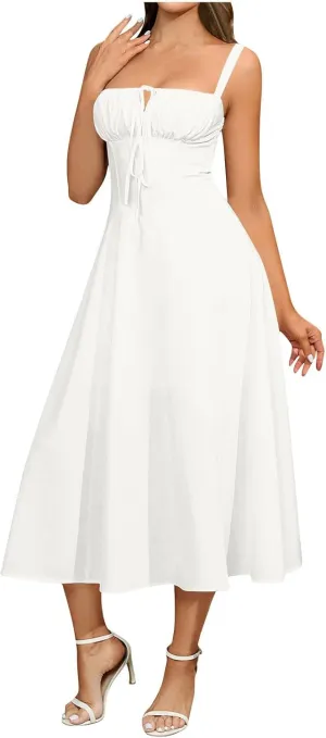 Sinzelimin Dresses for Women Sexy Sleeveless Lace up Corset Sling Midi Dress Summer Fashion Solid Color Beach Casual Sundress