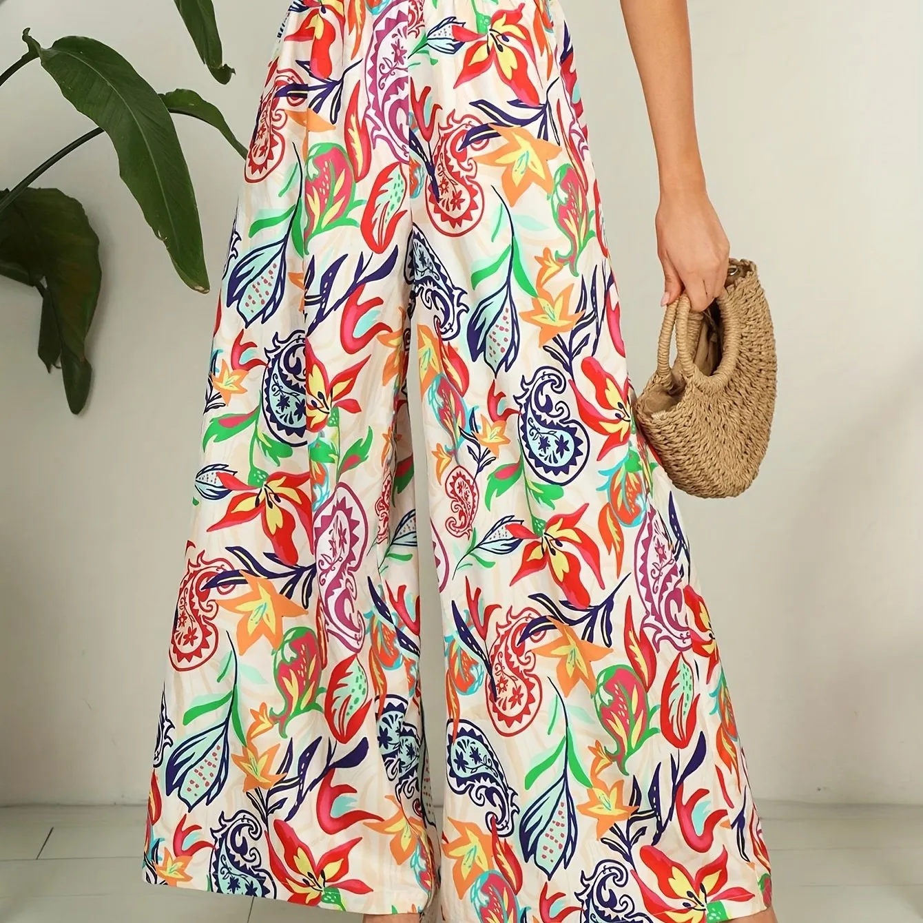 Stylish Paisley Print Wide Leg Pants - Women's High Waist Elastic Casual Pants for Spring & Summer - Comfortable, Breathable, and Fashionable Clothing for Ladies