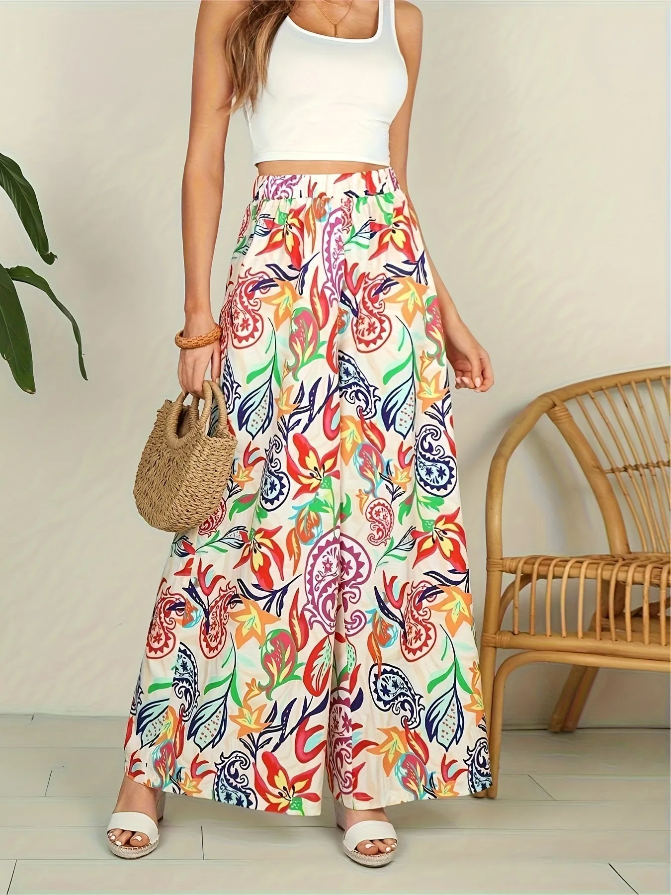 Stylish Paisley Print Wide Leg Pants - Women's High Waist Elastic Casual Pants for Spring & Summer - Comfortable, Breathable, and Fashionable Clothing for Ladies