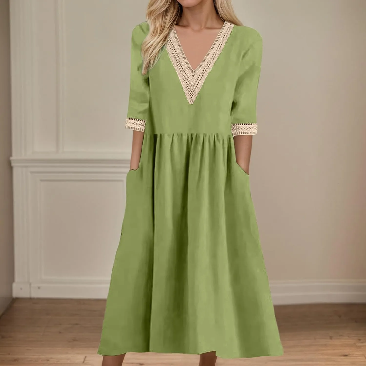 Summer Boho Floral Maxi Dress for Women Linen Beach Sundress with Pockets V-Neck Lace Trim Flowy Vacation Dress