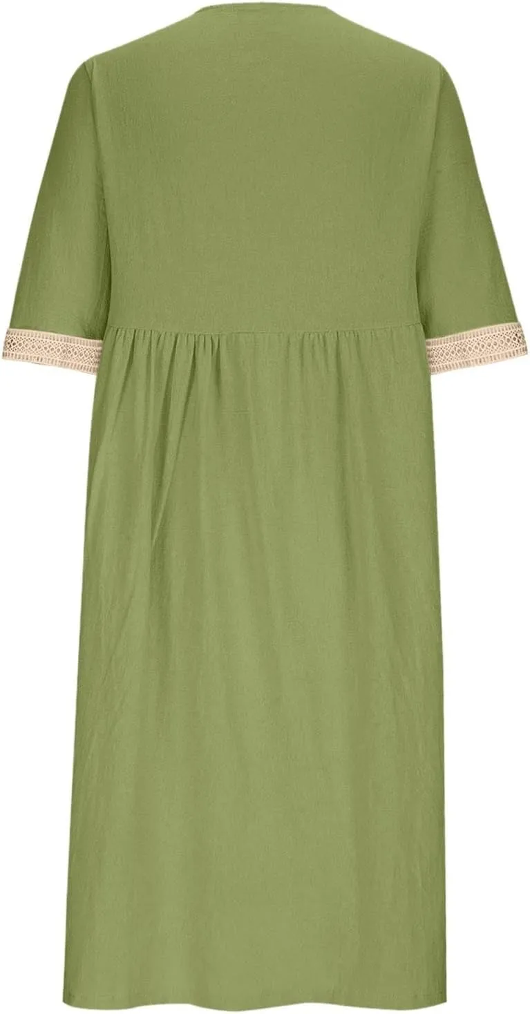 Summer Boho Floral Maxi Dress for Women Linen Beach Sundress with Pockets V-Neck Lace Trim Flowy Vacation Dress