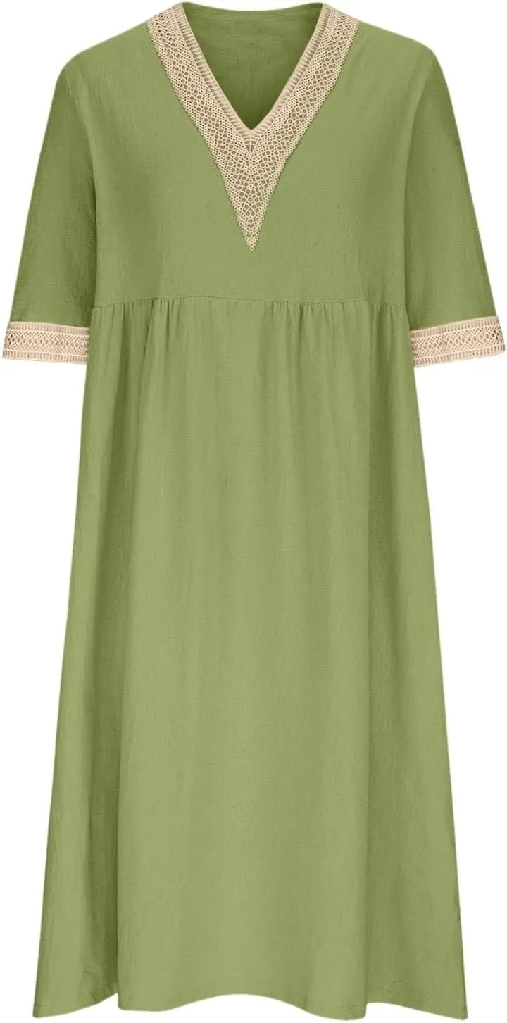 Summer Boho Floral Maxi Dress for Women Linen Beach Sundress with Pockets V-Neck Lace Trim Flowy Vacation Dress