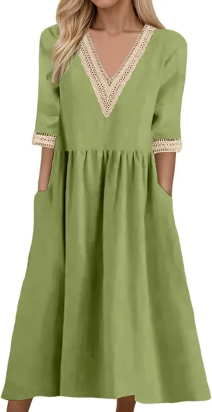 Summer Boho Floral Maxi Dress for Women Linen Beach Sundress with Pockets V-Neck Lace Trim Flowy Vacation Dress